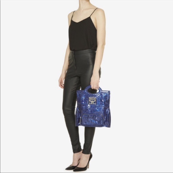 MCM Blue Crocodile Embossed Patent Leather Bag - Picture 2 of 10
